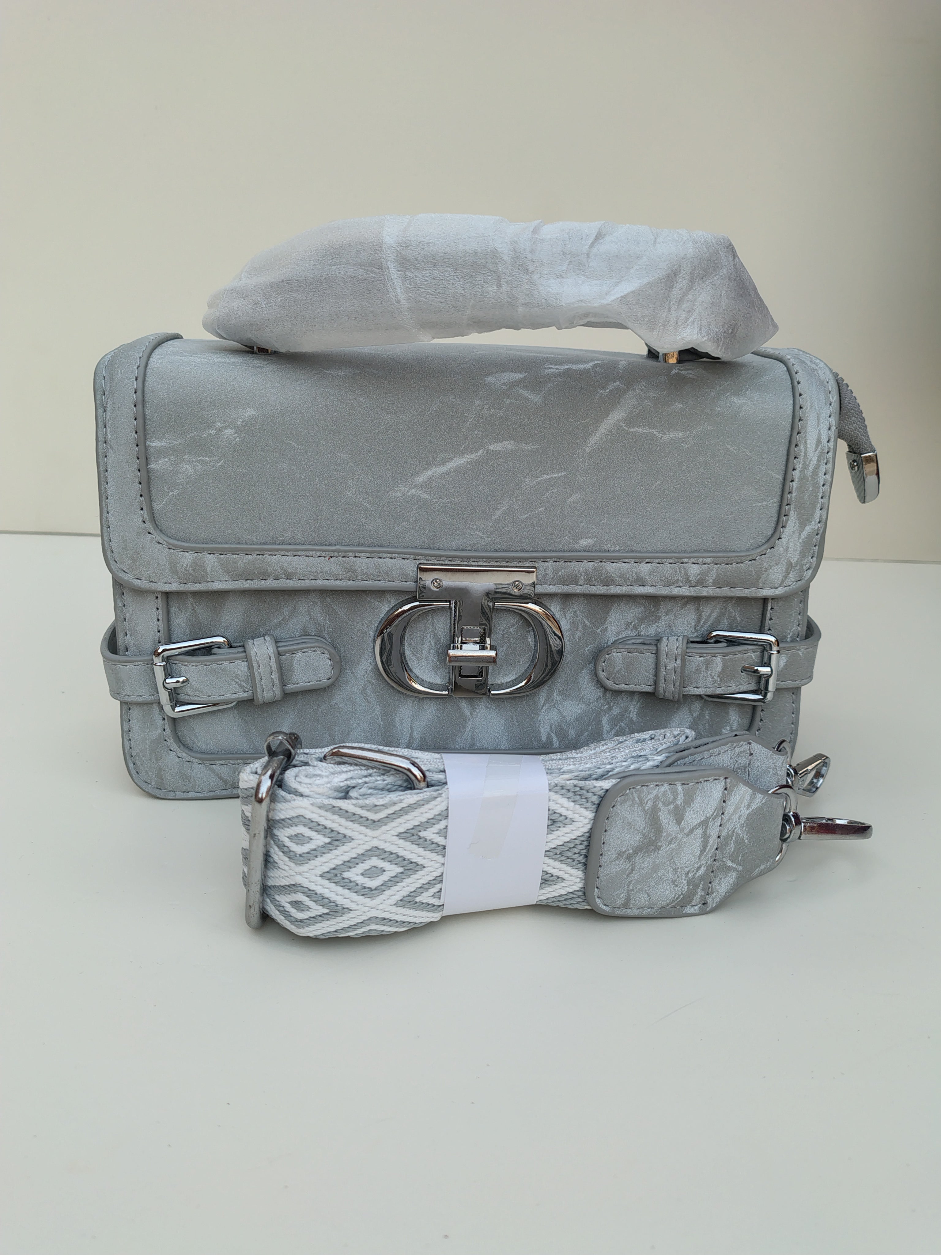 Silver Grey Buckle Handbag – Elegant Structured Mini Satchel