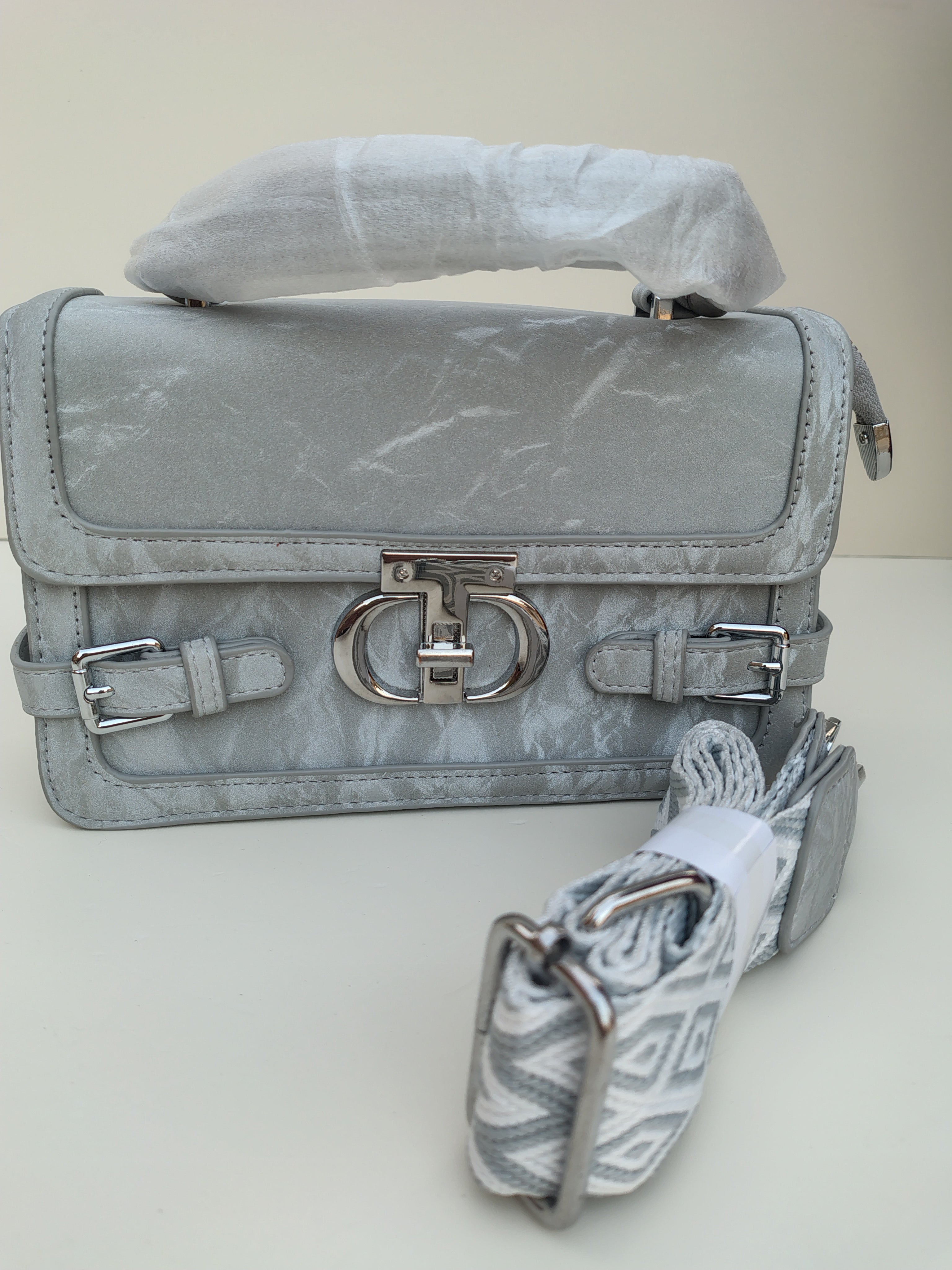 Silver Grey Buckle Handbag – Elegant Structured Mini Satchel