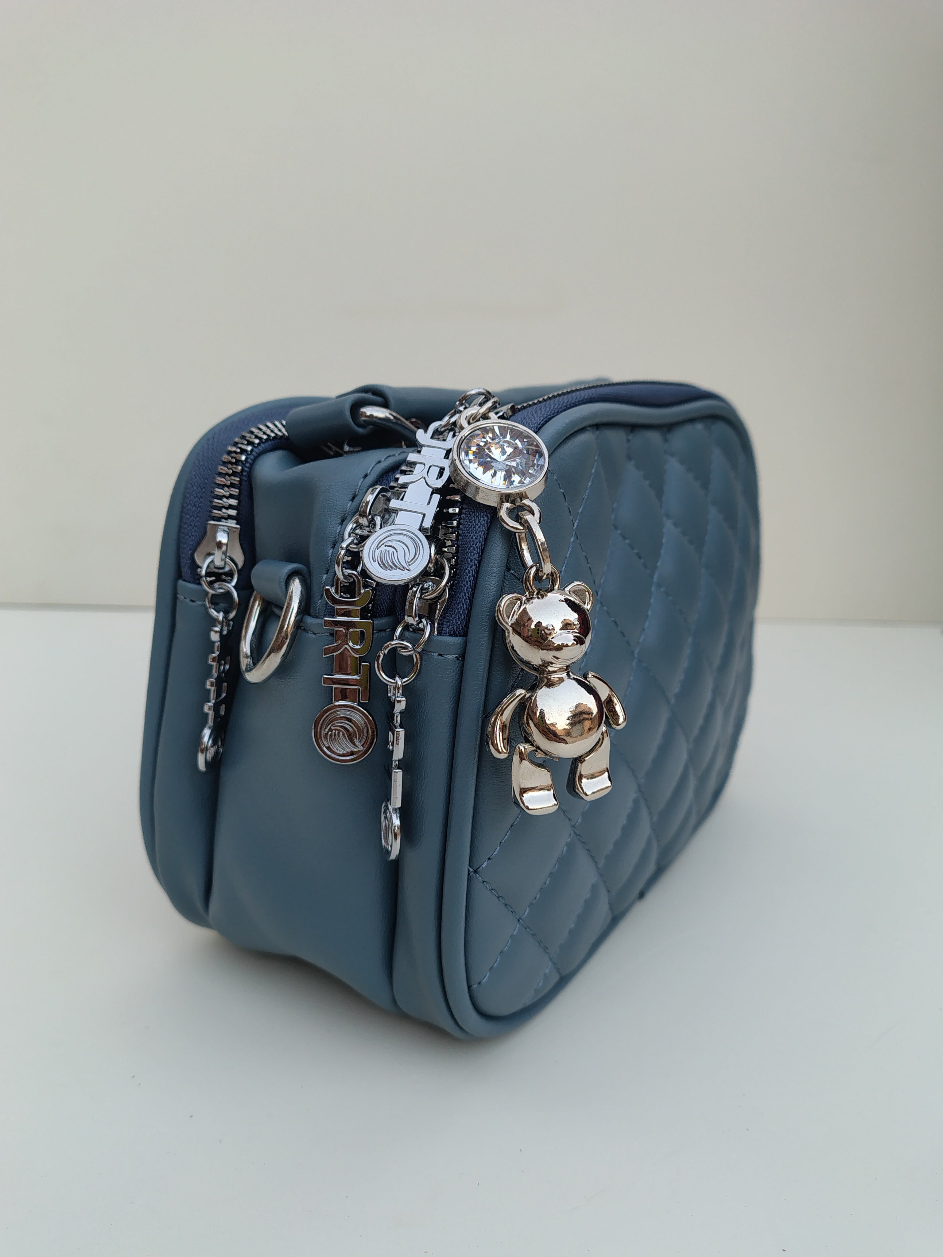 Navy Blue Quilted Crossbody Bag – Charm Detail with Wide “LOVE” Strap