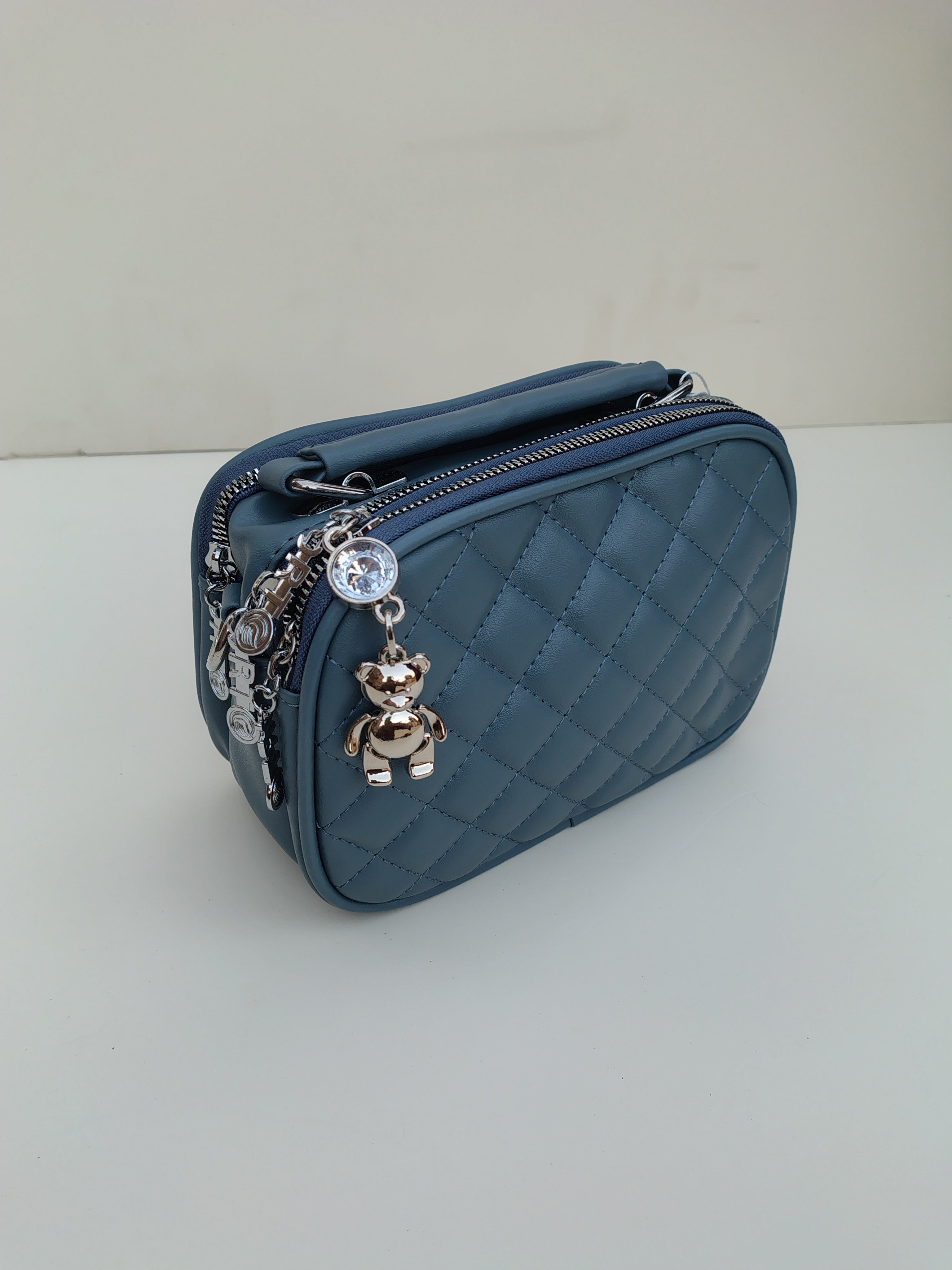 Navy Blue Quilted Crossbody Bag – Charm Detail with Wide “LOVE” Strap