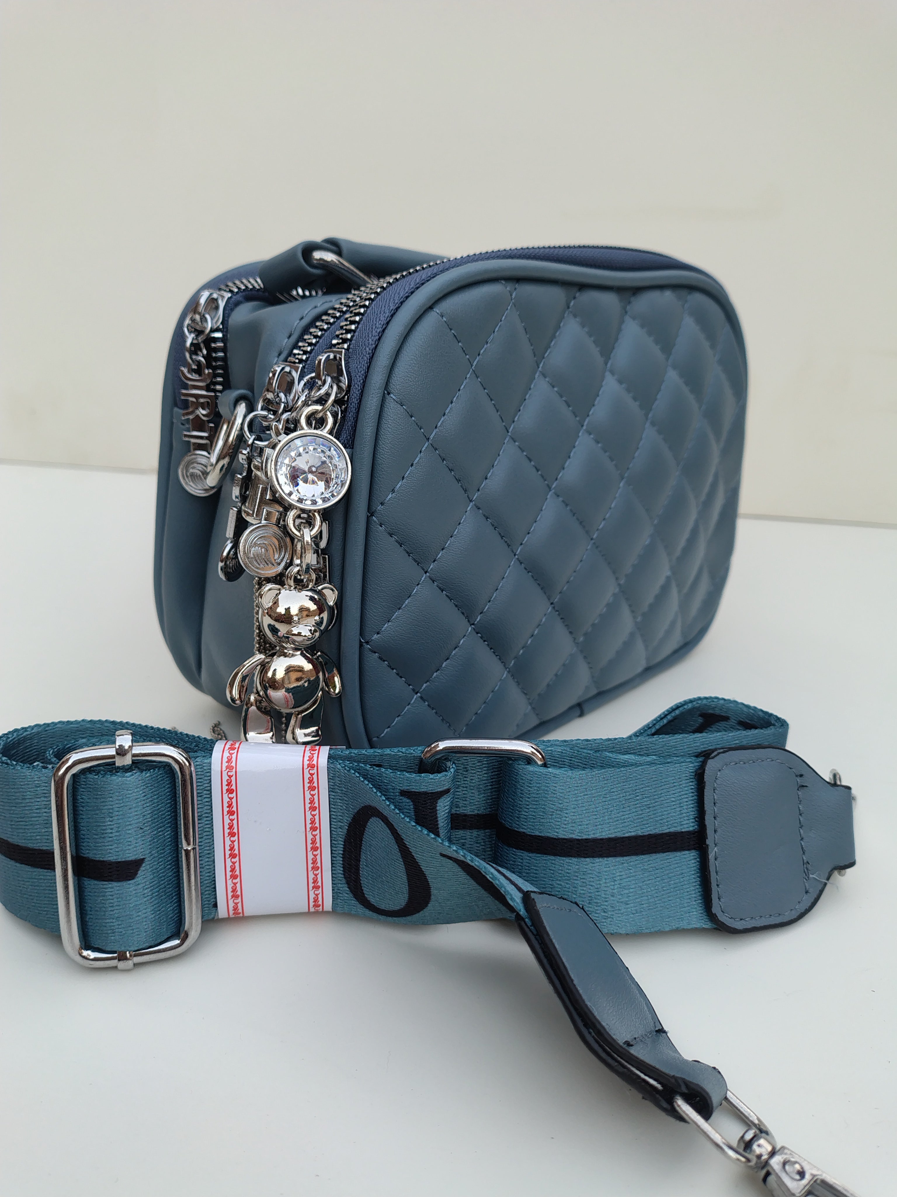 Navy Blue Quilted Crossbody Bag – Charm Detail with Wide “LOVE” Strap