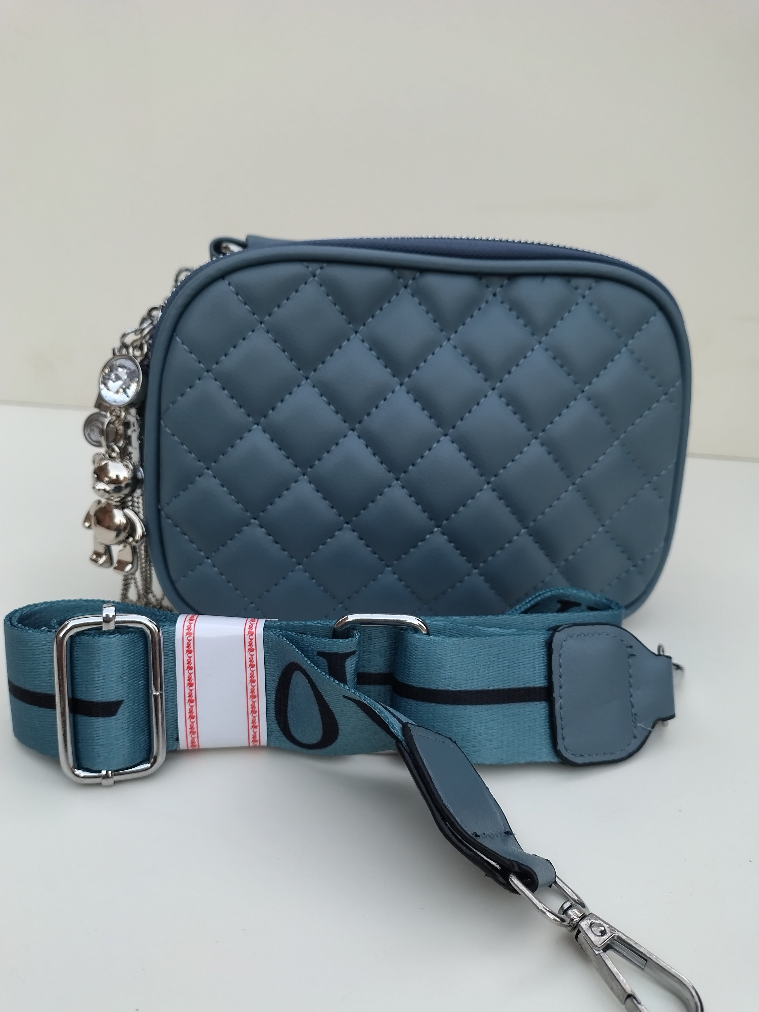 Navy Blue Quilted Crossbody Bag – Charm Detail with Wide “LOVE” Strap