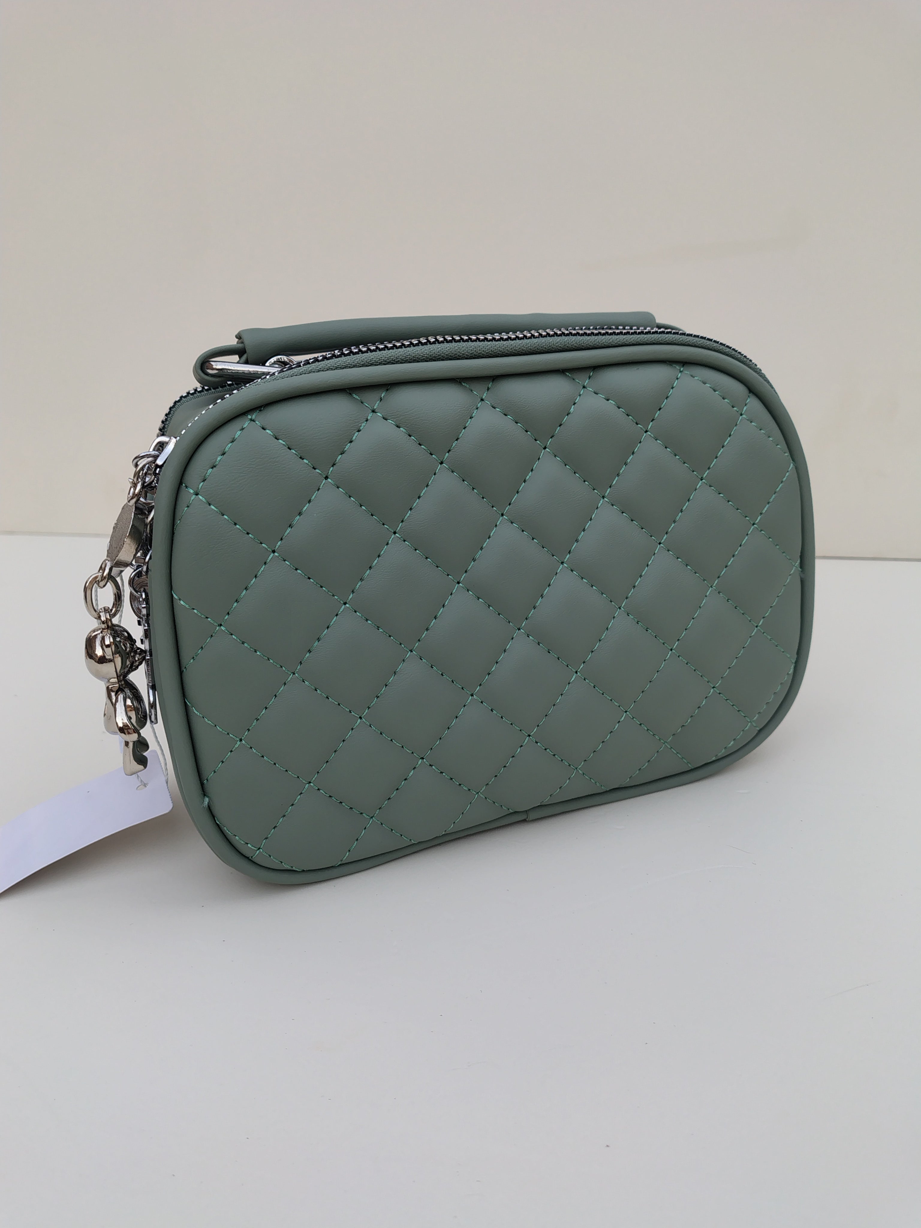 Sage Green Quilted Crossbody Bag – Charm Detail with Dual Zippers