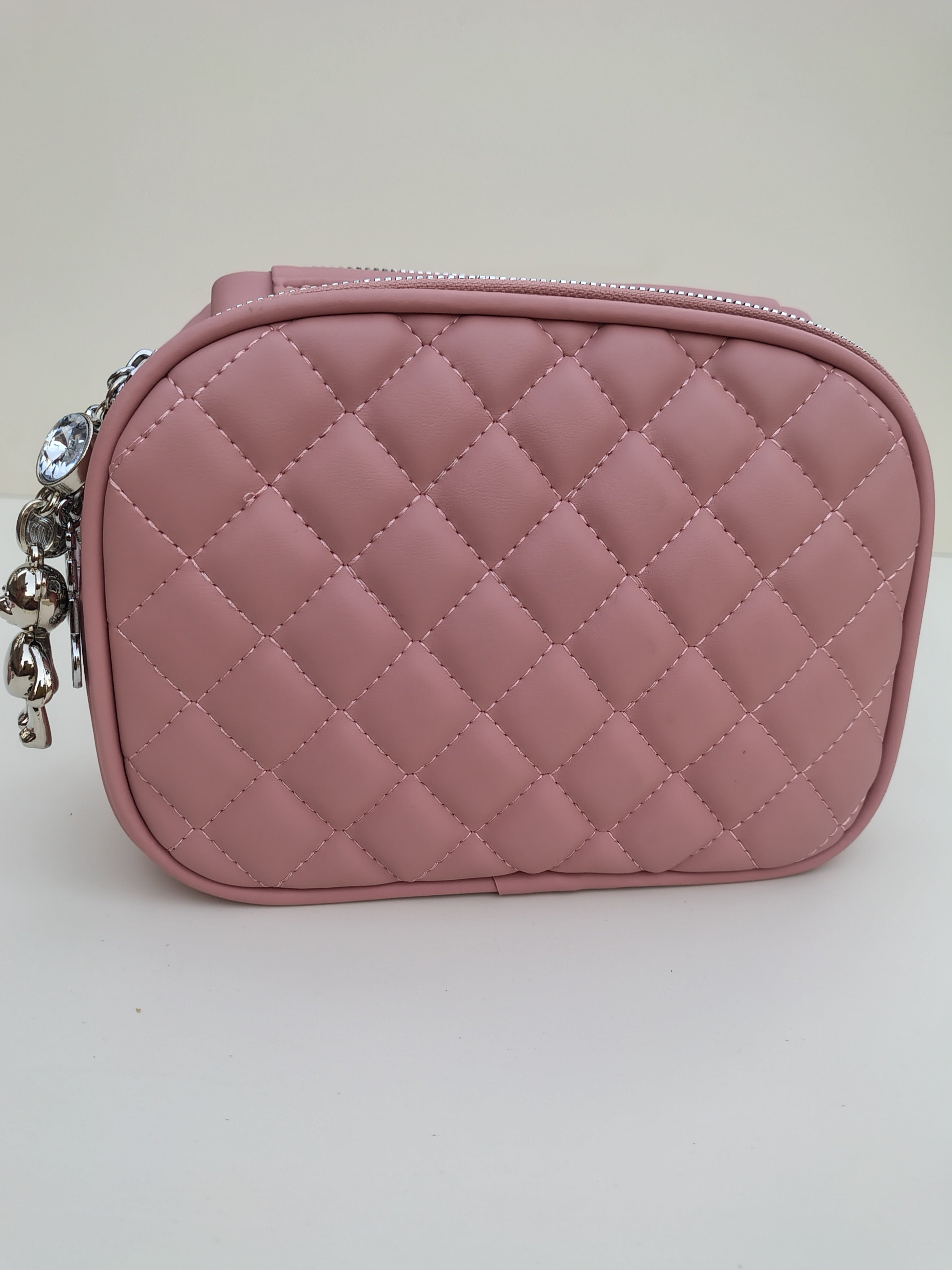 Rose Pink Quilted Crossbody Bag – Dual Zip with Silver Charm Detail