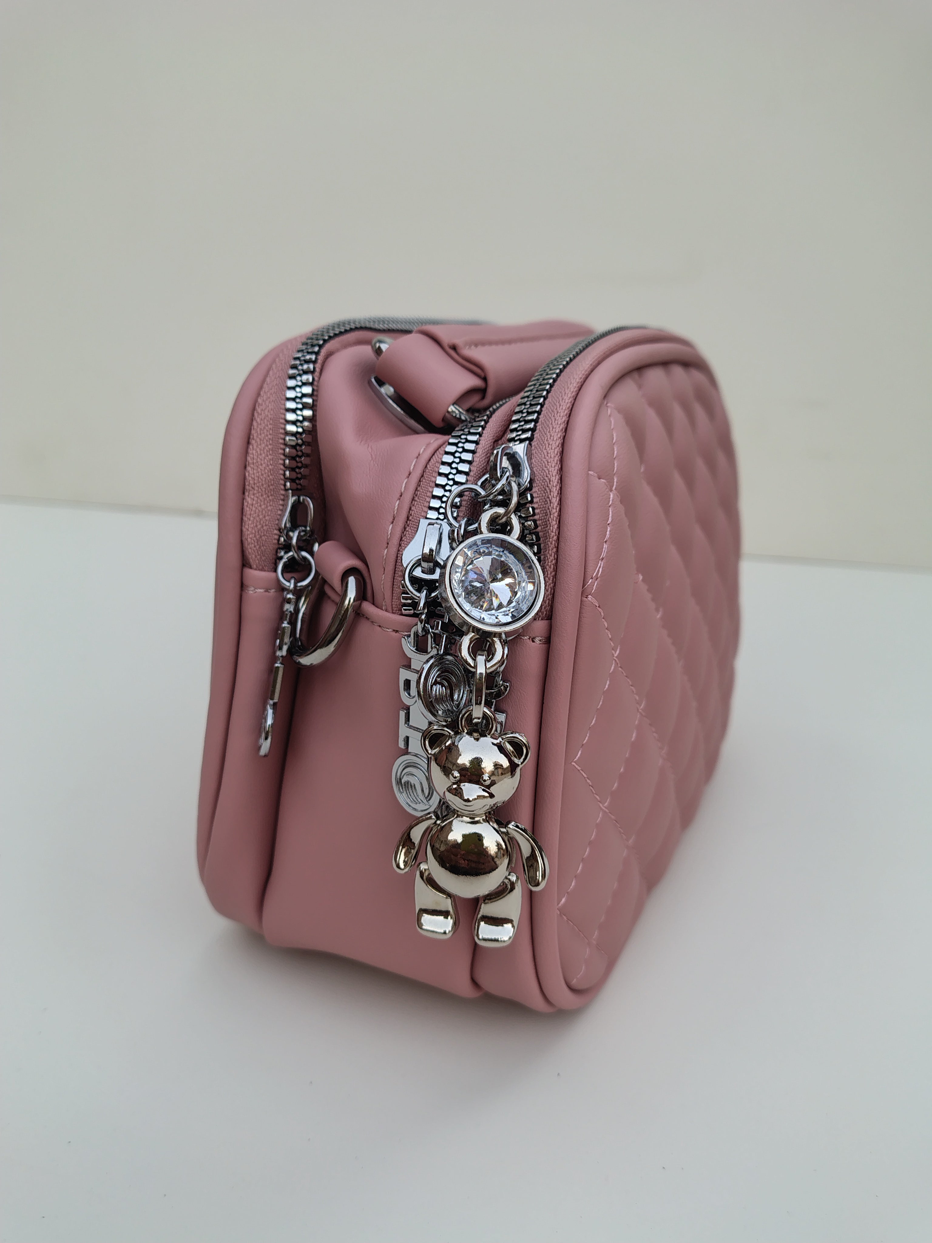 Rose Pink Quilted Crossbody Bag – Dual Zip with Silver Charm Detail
