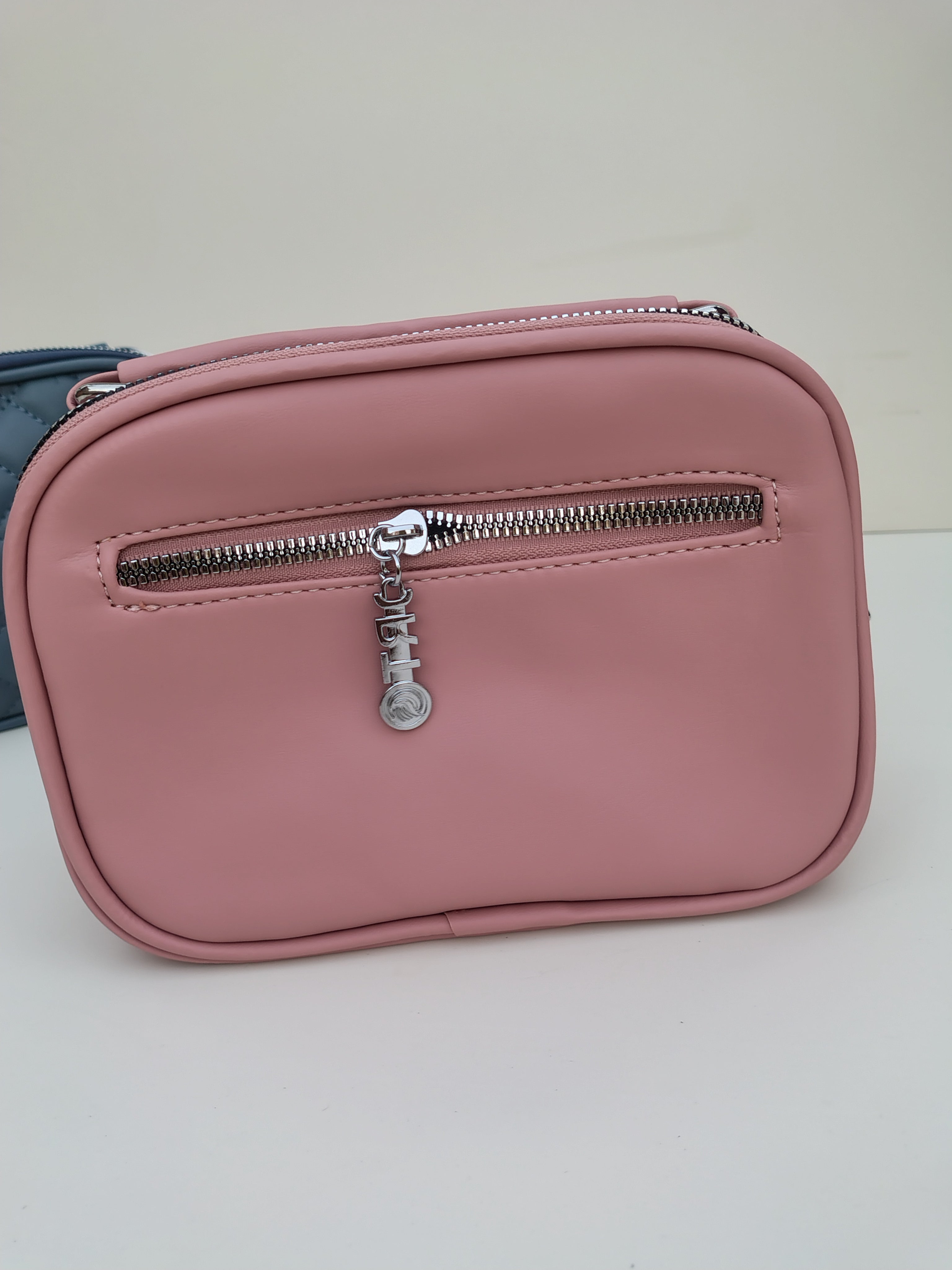 Rose Pink Quilted Crossbody Bag – Dual Zip with Silver Charm Detail