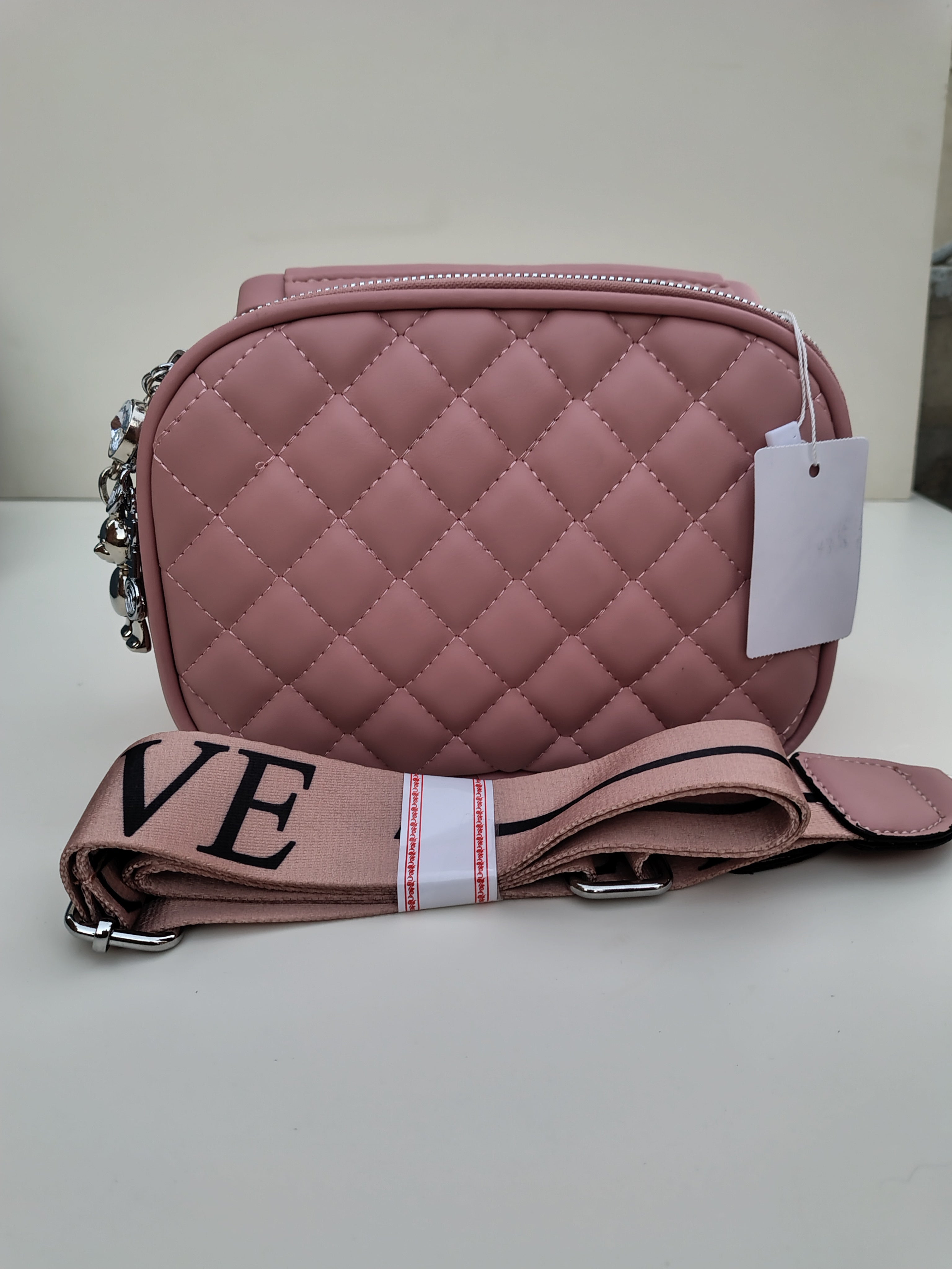 Rose Pink Quilted Crossbody Bag – Dual Zip with Silver Charm Detail