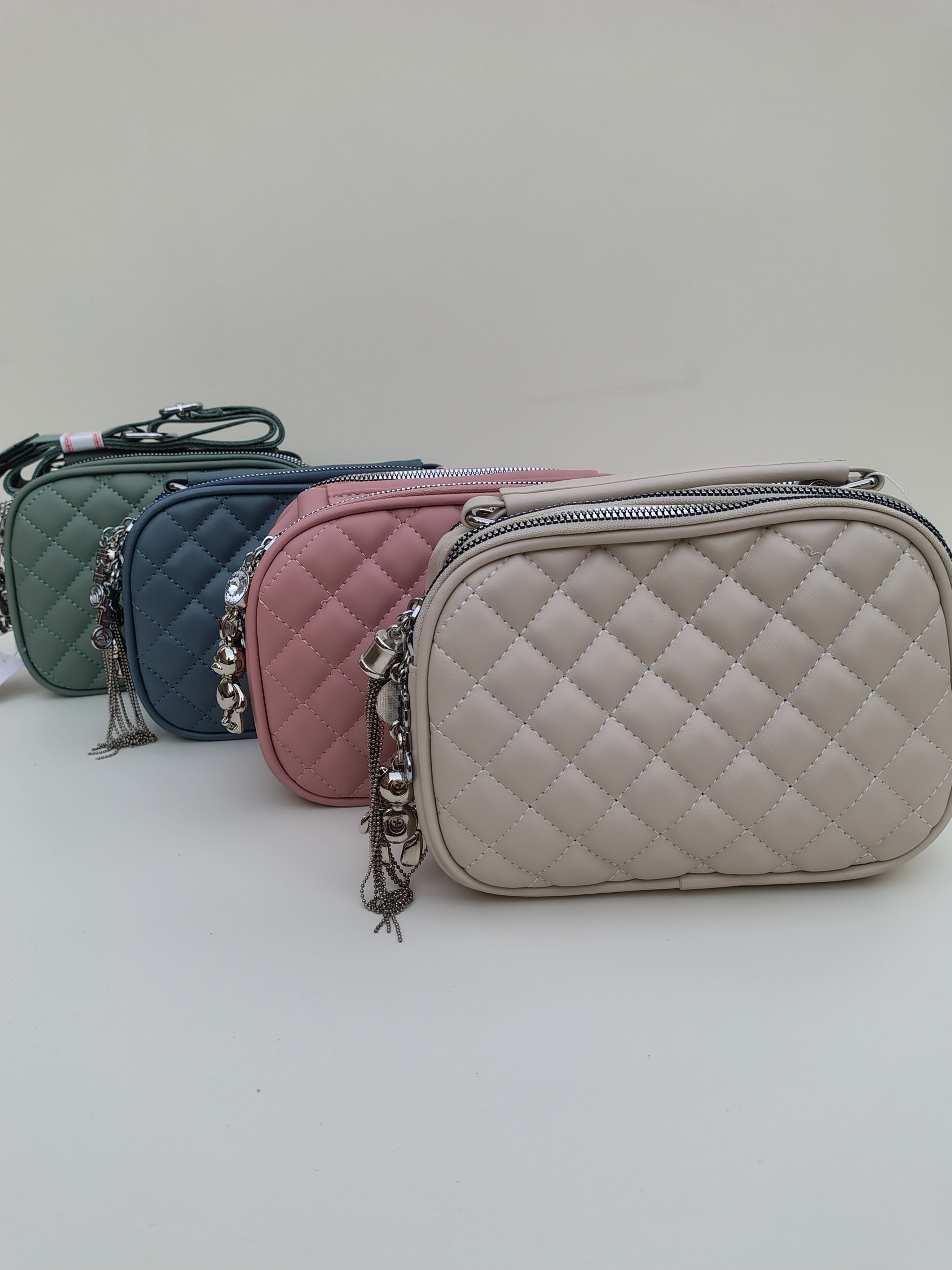 Rose Pink Quilted Crossbody Bag – Dual Zip with Silver Charm Detail