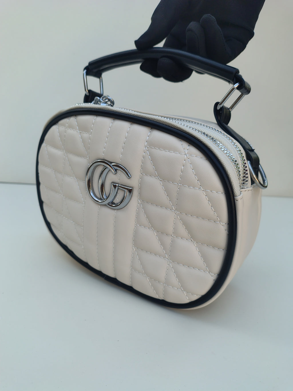 Cream Quilted Crossbody Bag – GG Design with Plush Charm