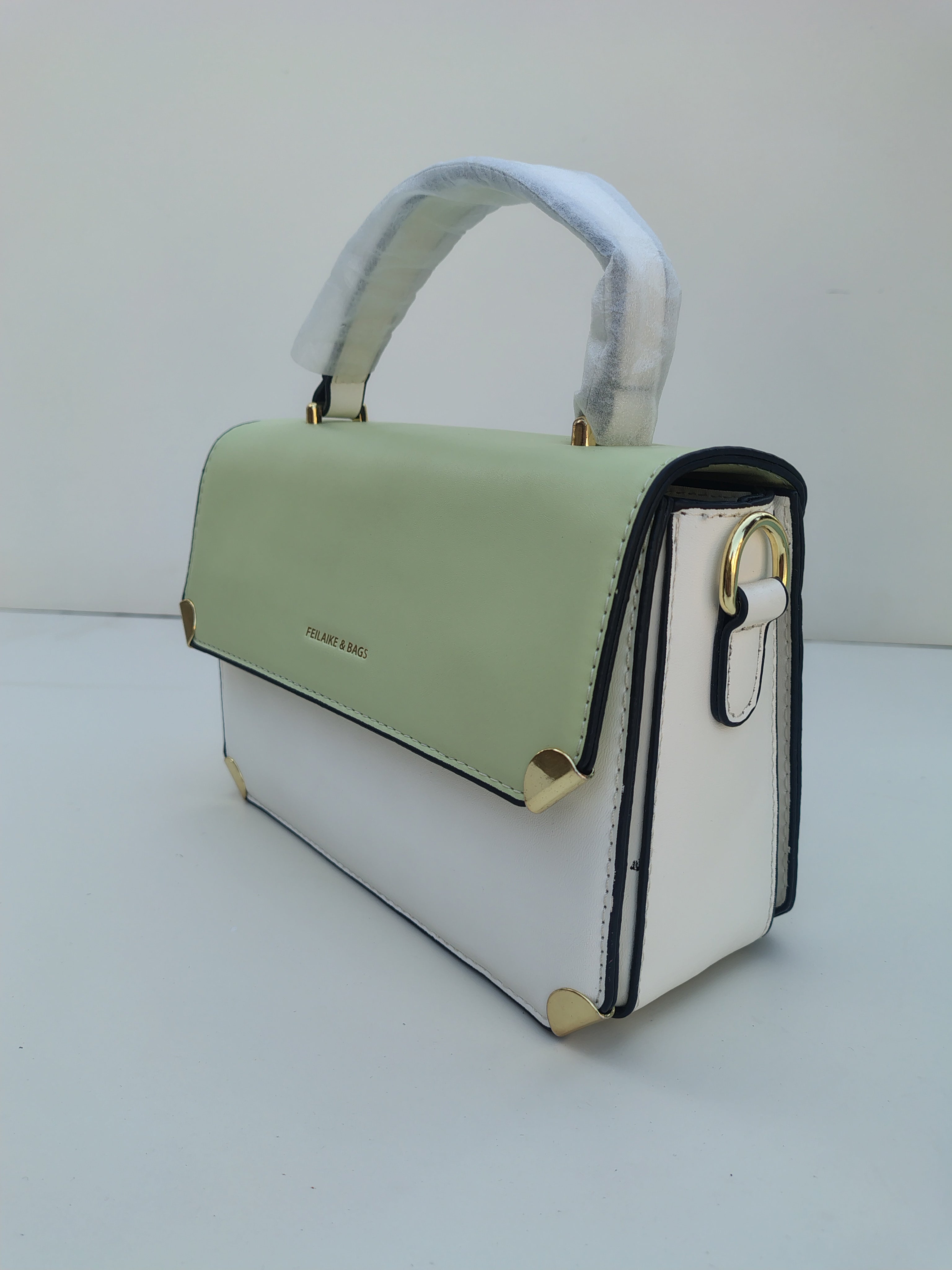 Mint Green & White Handbag – Gold Detail with Designer Strap