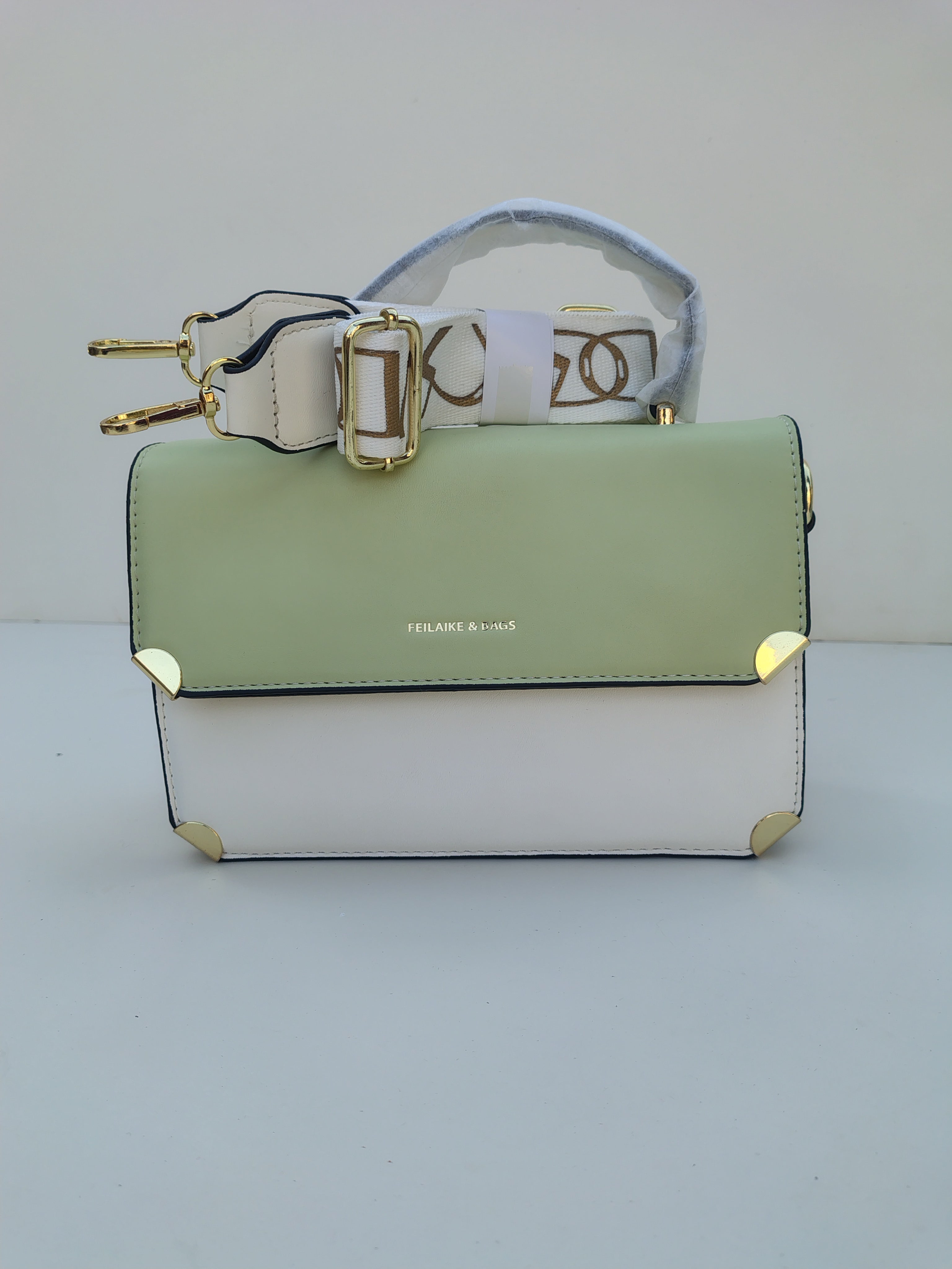 Mint Green & White Handbag – Gold Detail with Designer Strap