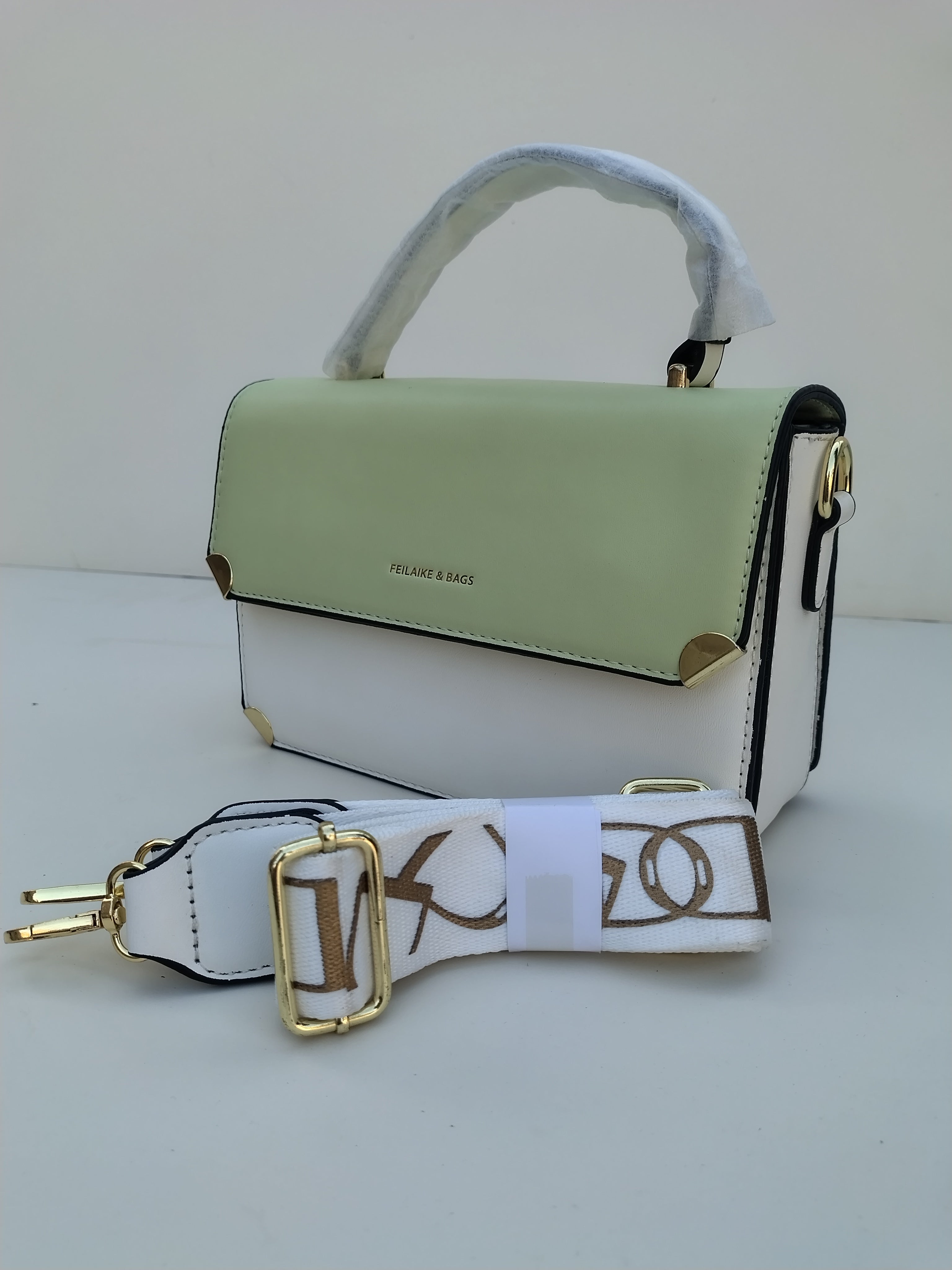 Mint Green & White Handbag – Gold Detail with Designer Strap