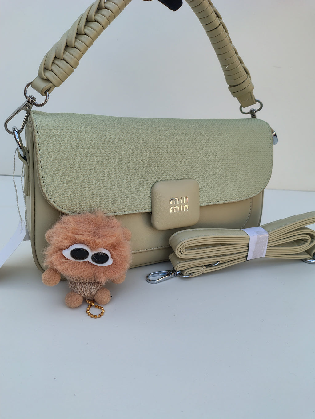 Beige & Green Shoulder Bag – MinMin Design with Gold Accent
