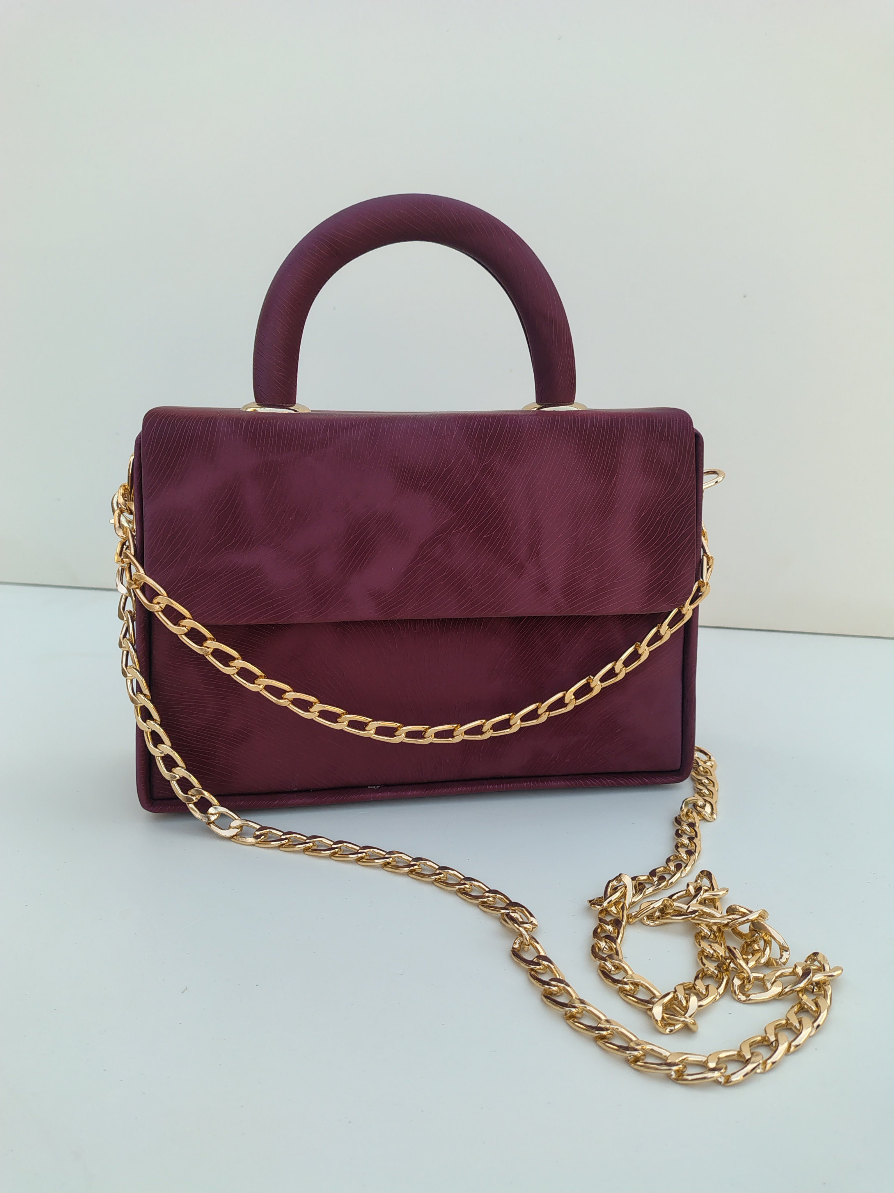 Wine Maroon Luxury Handbag – Gold Chain Evening Edition