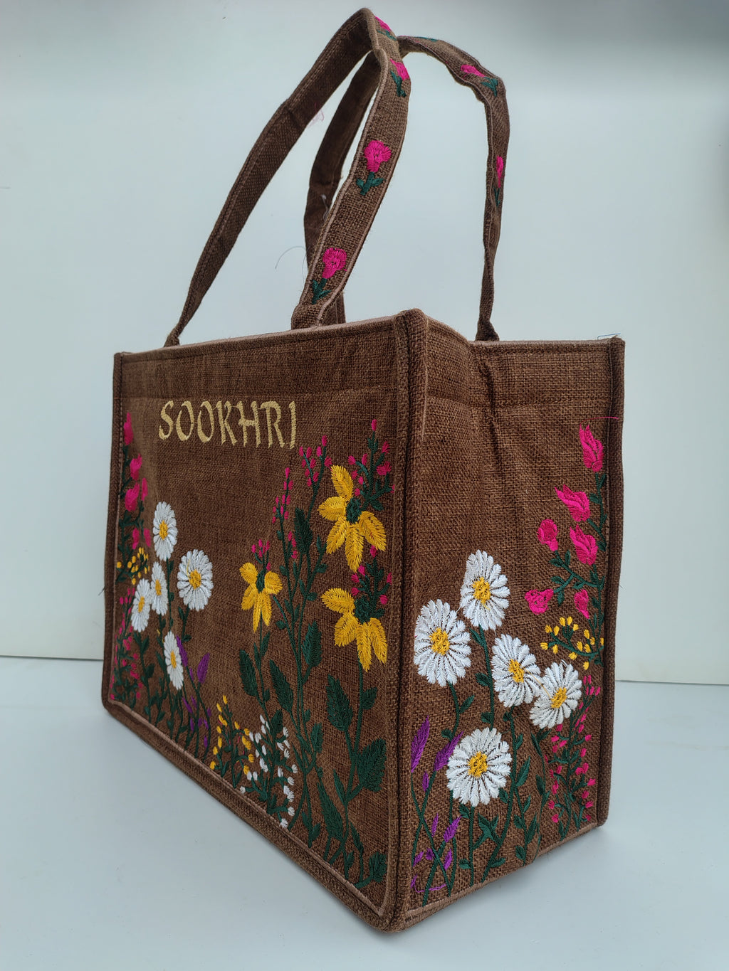 SOOKHRI Brown Embroidered Tote Bag – Earthy Floral Handcrafted Canvas Bag