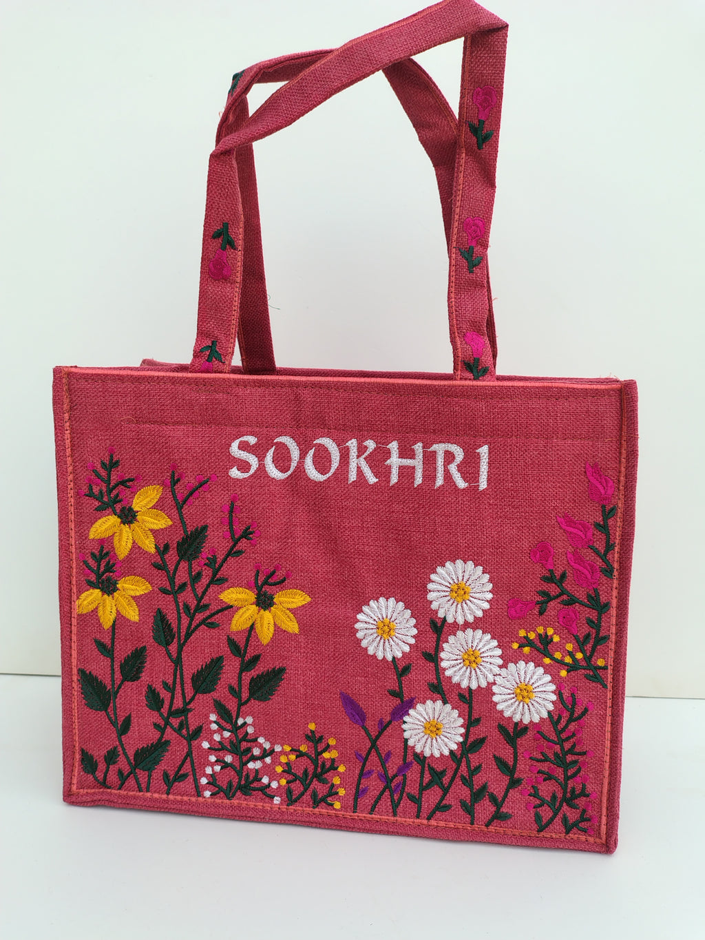 SOOKHRI Pink Embroidered Tote Bag – Handcrafted Floral Canvas Carryall