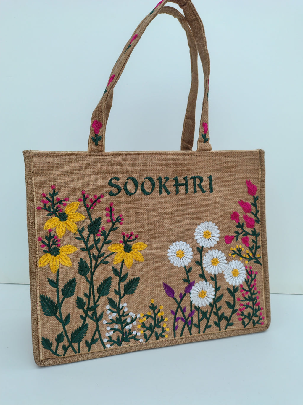 SOOKHRI Pink Embroidered Tote Bag – Handcrafted Floral Canvas Carryall