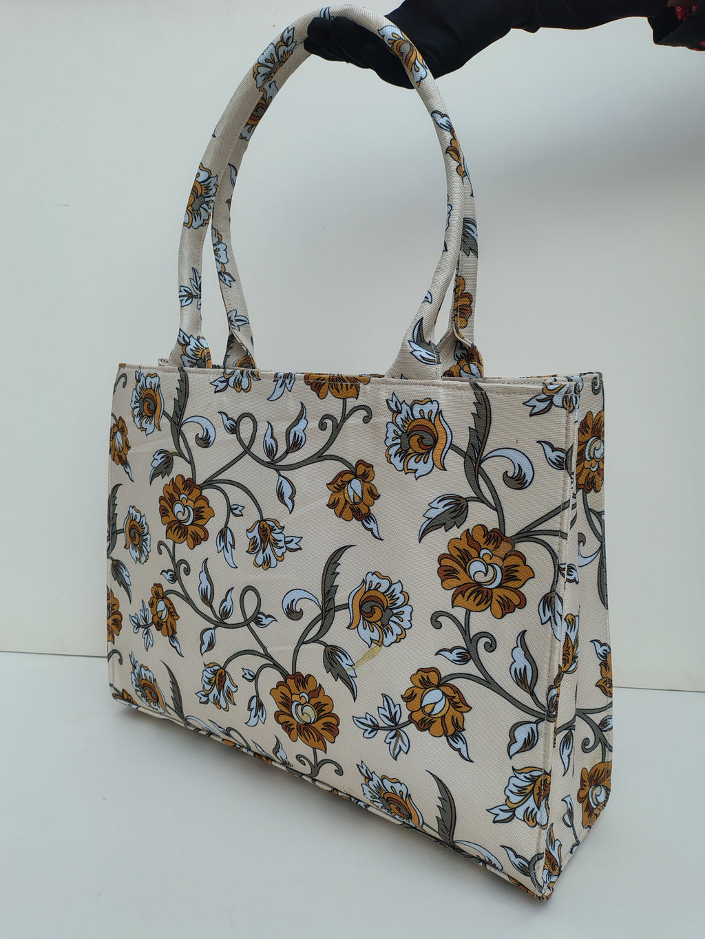 Hellebury Beige Royal Bloom Tote Bag – Elegant Floral Canvas Handbag