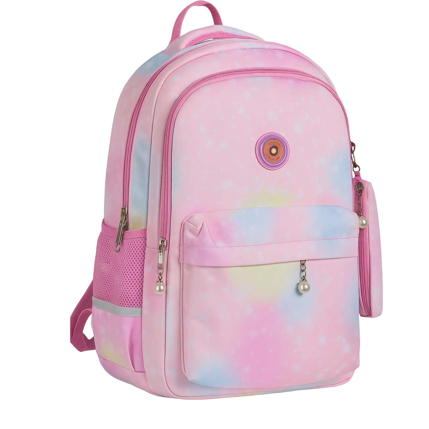 Pink tie-dye backpack with a tassel on a white background