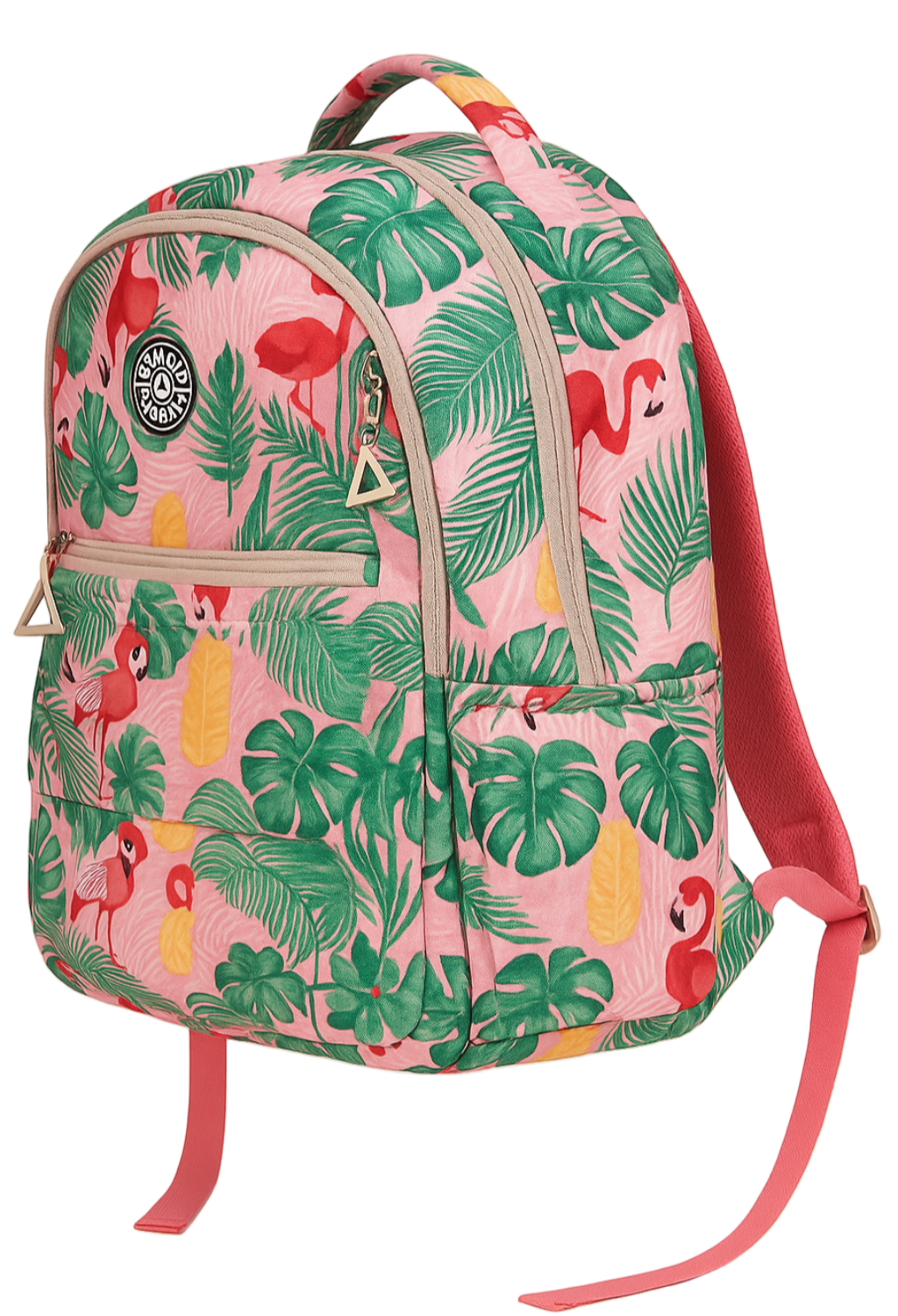 Pink backpack with tropical leaf and flamingo pattern on a white background