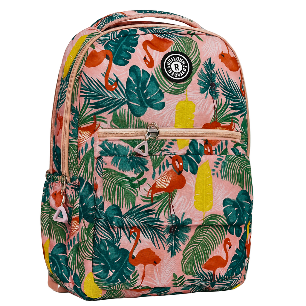 Tropical Flamingo Print Backpack – Multi-Compartment Casual Travel & School Bag