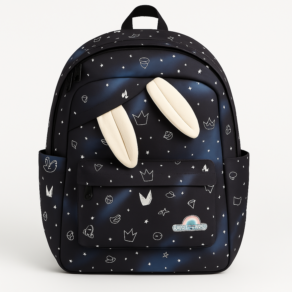 Cute Bunny Ears Galaxy Print Backpack – Stylish Multi-Compartment School & Travel Bag