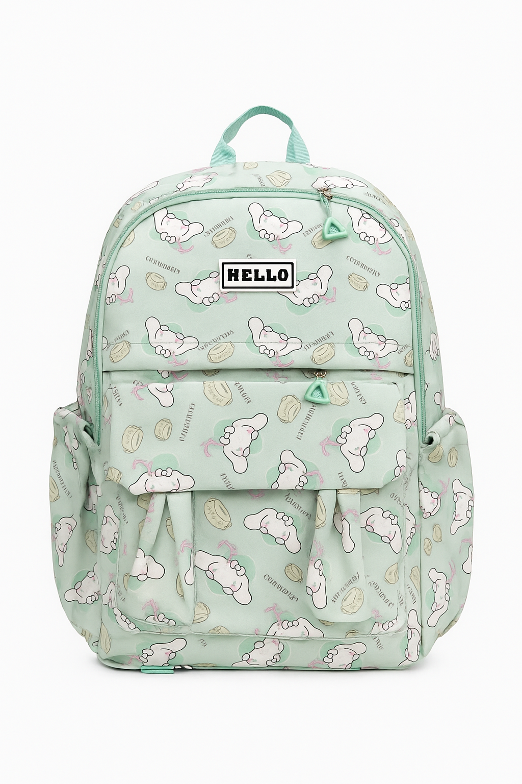 Mint Green Cartoon Print Backpack – Cute Multi-Pocket School & Casual Travel Bag